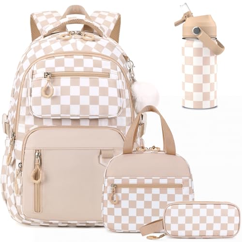 Bevalsa Backpack for Girls, School Bookbag Teen Girls Backpack Set with 14oz Insulated Water Bottle Stainless Steel, Lunch Bag & Pencial Case for Kids Elementary Middle Student (Khaki Checkerboard) - color: Khaki Checkerboard