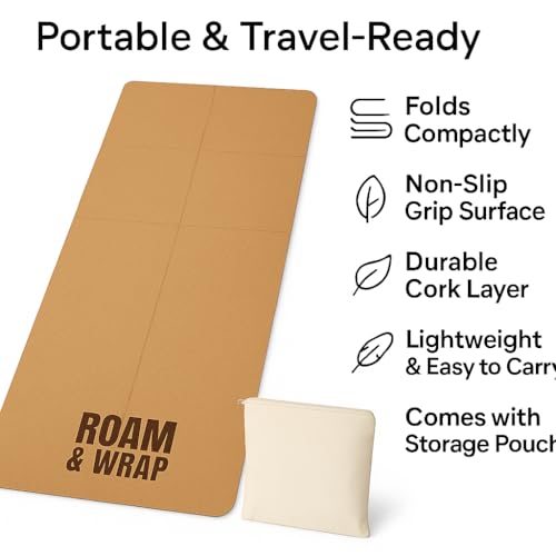 Roam & Wrap TRUE FOLDING Cork Yoga Mat 5mm Thick - Not Rolled, Fits in Backpack & Carry-On - Non-Slip Portable Mat for Travel, Pilates & Gym
