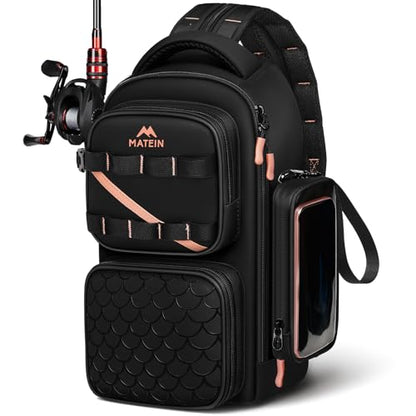 MATEIN Fishing Sling Bag with Lure Rod Holder & Phone Pouch, Waterproof 3600 Tackle Box Backpack with Removable Bait Binder - color: Black-pink