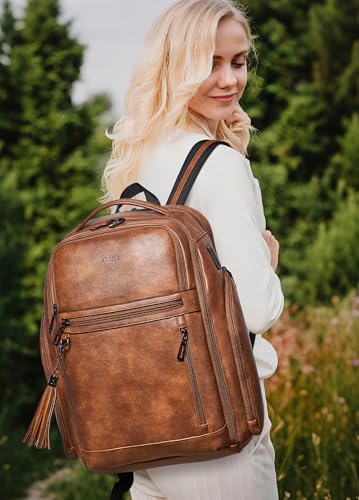 Shrrie 17 Inch Travel Laptop Backpack for Women&Men, Vegan Leather Backpack with USB Charger, Expandable Large Capacity Computer Backpack Purse for Work Business Travel, Brown - color: Two-toned Brown