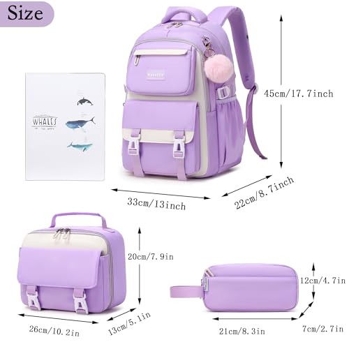Makukke School Backpack for Girls Book Bag Set, School Bag for Teens Girls Kid Children Elementary Middle School Student, Waterproof Purple Backpack - color: Purple
