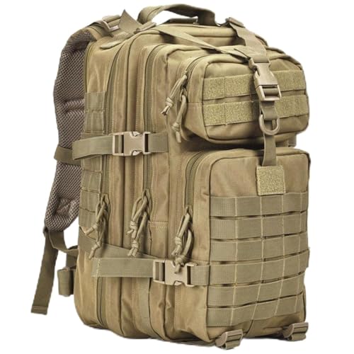 aiGear 45L Tactical Backpack, MOLLE Hiking Pack, Khaki | 600D Oxford water-resistant pack with MOLLE webbing, multi-layer storage and padded straps for camping and travel. - color: Khaki, size: 45L