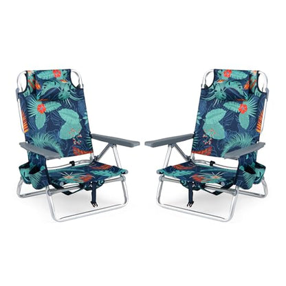 COSTWAY Portable Folding Backpack Beach Chairs Set of 2 with 5-Position Backrest, Padded Headrest, Cup Holder & Ice Bag for Lawn, Poolside (Palm Tree Green) - color: Palm Tree Green