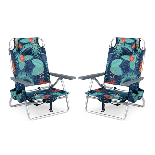 COSTWAY Portable Folding Backpack Beach Chairs Set of 2 with 5-Position Backrest, Padded Headrest, Cup Holder & Ice Bag for Lawn, Poolside (Palm Tree Green) - color: Palm Tree Green