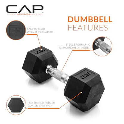 CAP Dumbbell Set with Rack, Rubber Coated Hex Free Weight Set | 100–300 lb Options, Vertical Space-Saving Storage for Home Gym Strength Training - size: 100 lb Set - Black Rack, style: Chrome Handle
