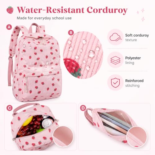 BTOOP School Backpacks for Teen Girls Bookbags Lightweight Kids Backpack School Bags Set with Lunch Box Pencil Case - color: Pink Strawberry