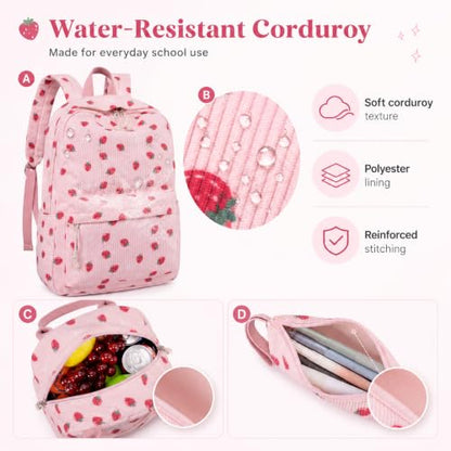 BTOOP School Backpacks for Teen Girls Bookbags Lightweight Kids Backpack School Bags Set with Lunch Box Pencil Case - color: Pink Strawberry