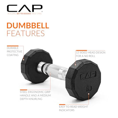 CAP Barbell Coated Hex Dumbbell Weight - Single | 10-120 lbs | Multiple Options - size: 3 lb, style: 12-Sided - Chrome Handle
