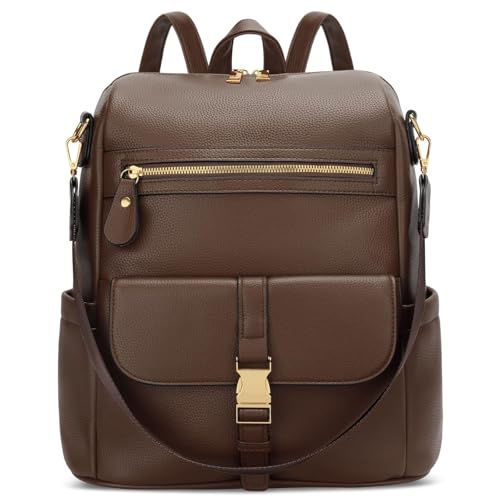KKXIU Backpack Purse for Women - PU Leather Ladies Backpack for Daily with Anti-Theft Lock Pocket, Small Daypack with Luggage Strap & Water Bottle Pockets (Coffee) - color: Coffee