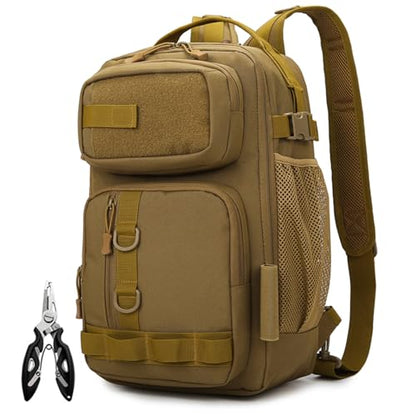 Fishing Backpack - Tackle Sling Bag- Fishing Gear Bags with Rod Holder and Fish Plier (Tan) - color: Tan