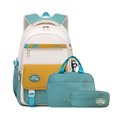 VIDOSCLA Kids Girls Backpack for School 3Pcs Students Bookbag Set Teen Boys Backpack with Lunch Box - color: A42 #Yellow&green-lunch Box Set