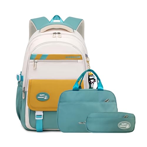 VIDOSCLA Kids Girls Backpack for School 3Pcs Students Bookbag Set Teen Boys Backpack with Lunch Box - color: A42 #Yellow&green-lunch Box Set