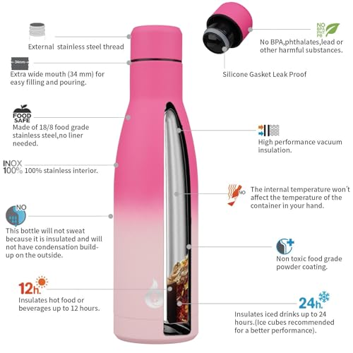 BJPKPK 17 oz Insulated Thermal Metal Water Bottle, Stainless Steel Flask - color: Cherry, size: 17 Ounces