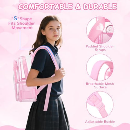 Clear Backpack, Heavy Duty Thick TPU Clear Bookbag, Transparent Bookbag Stadium Events, See Through Large Ergonomic Backpack for School Kids Girls Women Travel Security College Concert, Pink - color: Pink