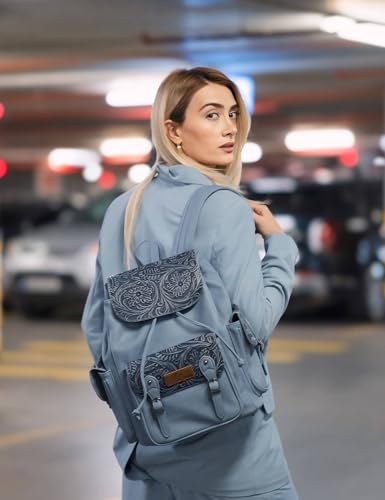 Montana West Wrangler Backpack Purse for Women Men Western Backpack Floral Tooled Travel Bags - color: Carve Jean