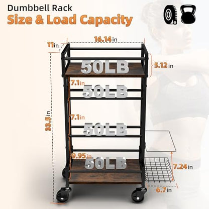 4 Tier Home Gym Storage Rack with Wheels, Yoga Mat Rack Small Dumbbell Weight Rack, Multi-Functional Wood Metal Gym Equipment Storage Rack Workout Cart for Women Kettlebell Fitness Organizer
