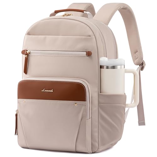 LOVEVOOK Laptop Backpack for Women with Leather Trim & Tumbler Pockets, 15.6" Work Backpack Purse, Travel Personal Item Bag, Carry On Business Computer Bag for Office, or Gift, Apricot Brown - color: Apricot Brown, size: 15.6 inches