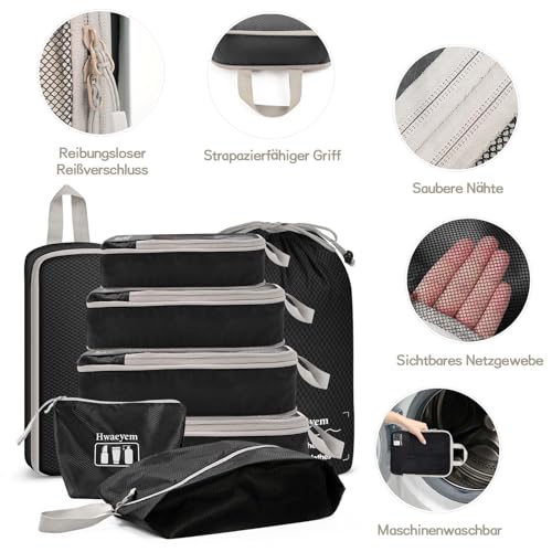 Compression Packing Cubes 8 Set, Dual Zipper Compression Packing Cubes for Travel, See-Through Mesh Packing Bags for Suitcases, Packing Cube with Shoe Bag (Black) - color: 8 Set Black