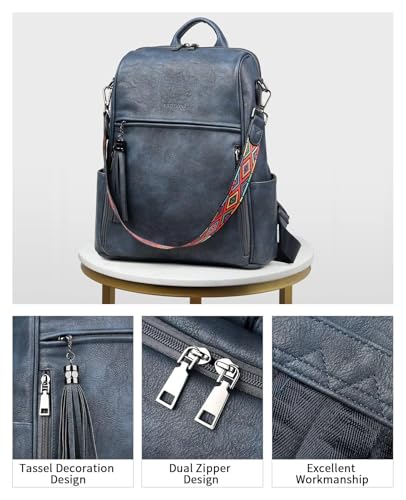 FADEON Leather Backpack Purse for Women Designer Travel Backpack Purses PU Fashion Ladies Shoulder Bag with Tassel - color: 1 Dark Blue Retro Style
