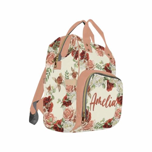 Custom Diaper Bag with Name, Personalized School Bag Flower Print, Monogram Nappy Backpack with Thermal Pockets for Adults Kids, Large Capacity Waterproof Diaper Bag, Travel Gifts - color: Color-12