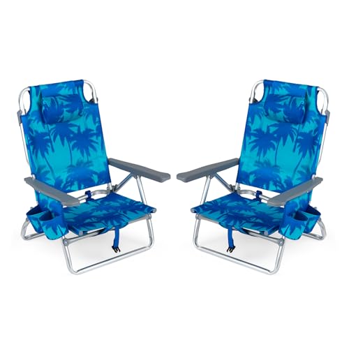 COSTWAY Portable Folding Backpack Beach Chairs Set of 2 with 5-Position Backrest, Padded Headrest, Cup Holder & Ice Bag for Lawn, Poolside (Coconut Blue) - color: Coconut Blue