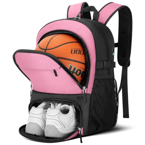 OCKLILY Basketball Backpack - Large Sports Equipment Bag with Ball Holder & Shoe Compartment, Sport Bags for Basketball, Soccer, Volleyball, Gym, School and Travel, 30L - color: Pink