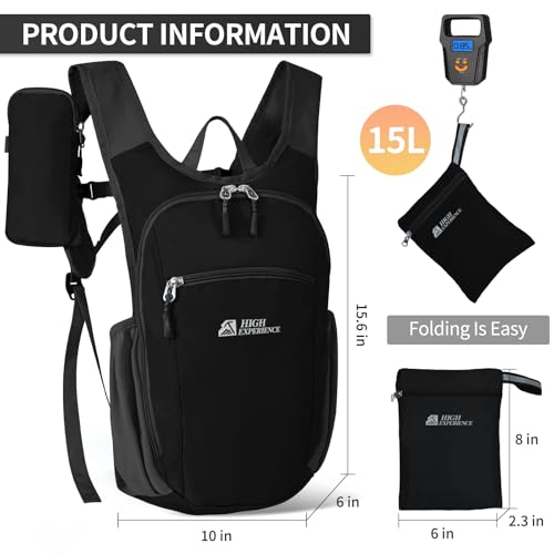 Hiking Backpack 10L/15L Small Daypack Lightweight Packable Travel Foldable Water Resistan for Women Men (Black, 15L) - color: Black, size: 15L