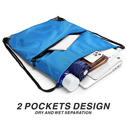 Drawstring Backpack Sports Water Resistant String Bag Sport Gym Sackpack for Women Men Large with Zipper, Neon Blue - color: Neon Blue