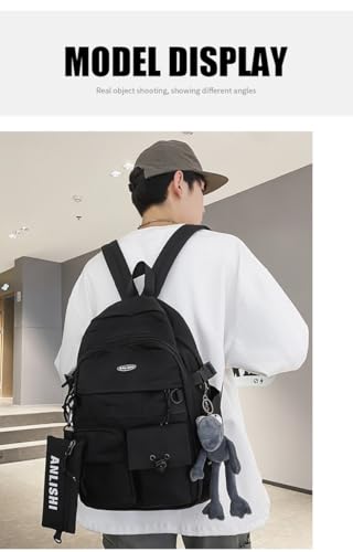 Urban Cargo Backpack, Multi-Pocket Nylon Daypack with Detachable Pouch & Plush Charm for Commute, Travel & Daily Use (black) - color: Black