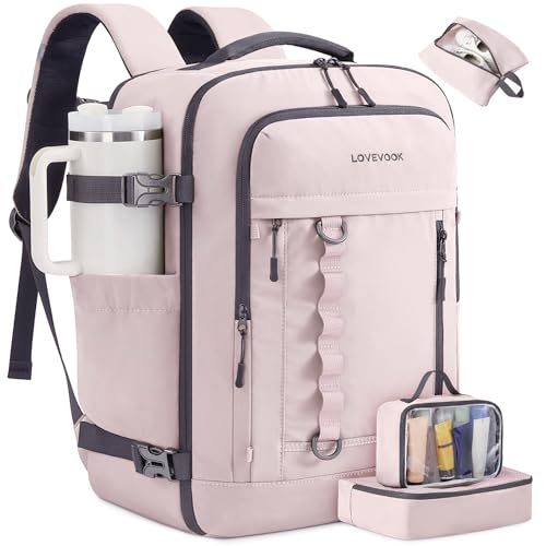 LOVEVOOK 40L Travel Backpack for Men Women, Waterproof Carry On Backpack for Work & Travel, Flight Approved Personal Item with 3 Packing Cubes, TSA Bag Fits 17.3" Laptop,Light pink - color: Light Pink, size: Large-40L-4Pcs