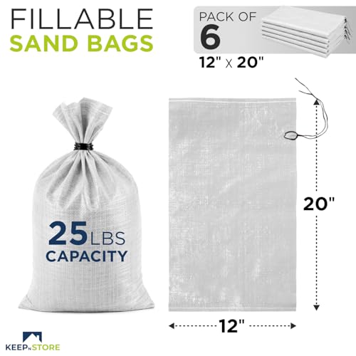 Heavy Duty Sand Bags Pack of 6, White Empty Sandbags with Built-In Ties, Woven Polypropylene UV Protection 1600 Hours, Fillable Bags for Flood Control, Weight, 12x20 inches, 25 Pounds Volume - size: 12"W x 20"L, style: Pack of 6