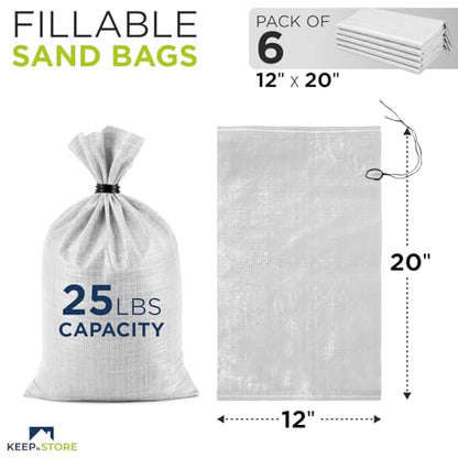 Heavy Duty Sand Bags Pack of 6, White Empty Sandbags with Built-In Ties, Woven Polypropylene UV Protection 1600 Hours, Fillable Bags for Flood Control, Weight, 12x20 inches, 25 Pounds Volume - size: 12"W x 20"L, style: Pack of 6
