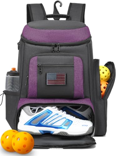 HAMBOLY Premium Pickleball Bag for Men & Women — Large Pickleball Backpack with Padded Paddle Pocket & Shoe Compartment, Tournament Ready with Insulated Cooler & Fence Hook - color: Dark Grey + Purple
