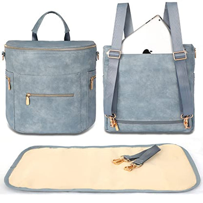 miss fong Diaper Bag Backpack Baby Diaper Bag, Large Leather Diaper Backpack with 16 Pockets Travel Diaper Bag with Diaper Changing Pad, Stroller Straps & 2 Insulated Pockets - color: Blue Fog
