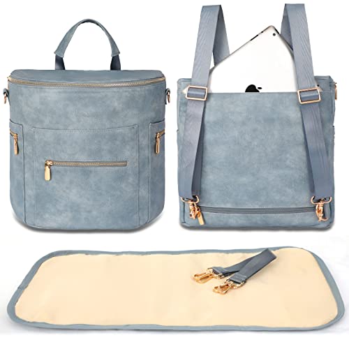 miss fong Diaper Bag Backpack Baby Diaper Bag, Large Leather Diaper Backpack with 16 Pockets Travel Diaper Bag with Diaper Changing Pad, Stroller Straps & 2 Insulated Pockets - color: Blue Fog