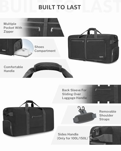 Gonex Large Foldable Travel Duffle Bag with Shoes Compartment, Packable Lightweight Water Repellent Duffel Bag for Camping Gym Weekender Bag - color: Dark Grey, size: 80L