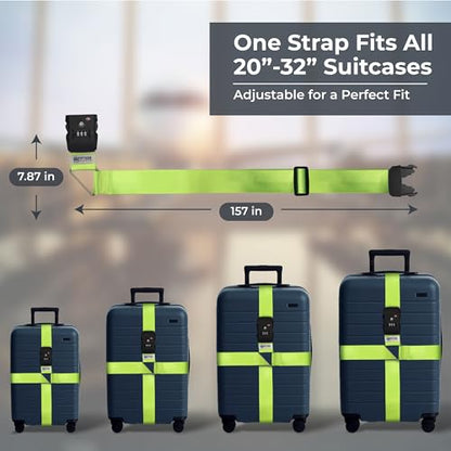 Nylon Luggage Straps for Suitcases | TSA Approved Adjustable Strap w/ 3-Digit Combo Lock | Heavy Duty Belt for 20-32 Inch Suitcases | Travel Luggage Belt Strap for Easy Identification (Neon Green) - color: Neon Green
