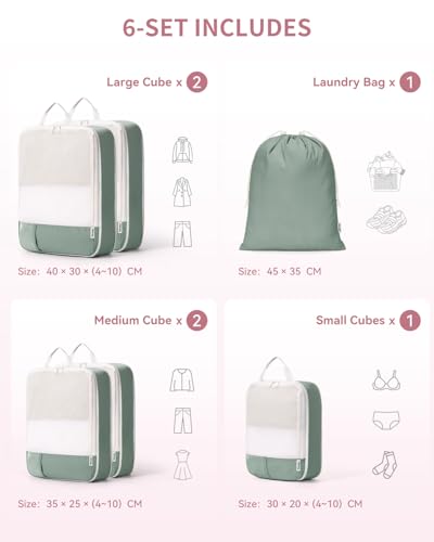 Narwey 6 Set Compression Packing Cubes for Travel, Lightweight Expandable Luggage Organizer Bags, Durable Space Saver Bags (Sage Green) - color: Sage Green
