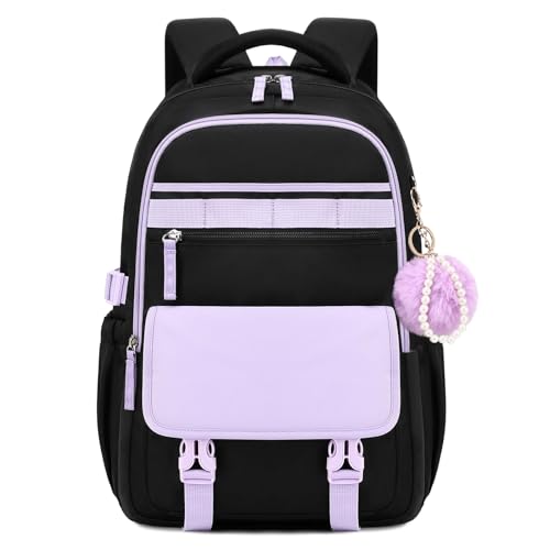 Backpack for Girls, School Backpack for Teens Girls Women, 15.6 Inch Laptop Bag, Cute Kids Bookbag for School, Casual Daypack for Elementary Middle College Work Travel Airport, Black Purple - color: Black Purple