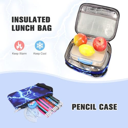 Bevalsa Backpack for Boys, Lightning School Bags with Lunch Bag & Pen Case for Kids, Bookbag for Boys Girls Teens - color: B-lighting