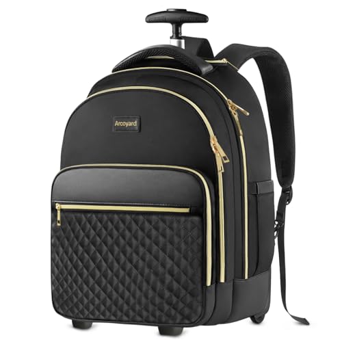 Arcoyard Rolling Backpack for Women, 15 inch Lightweight Wheeled Roller Laptop Backpack for Adults, Water Resistant Underseat Carry On Luggage Bag, TSA Friendly Anti Theft Business Gear, Black Gold - color: Black Gold, size: 15-inch