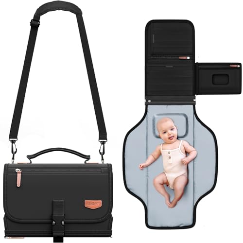 Portable Diaper Changing Pad with Shoulder Strap, Detachable Travel Changing Pad with Baby Wipes Pocket, Gifts for Baby Shower, Newborn Girls and Boys (Black) - color: Midnight Black