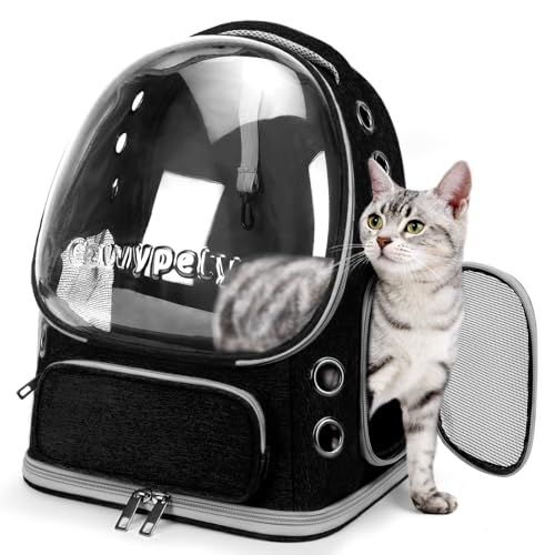 Cawypety Cat Backpack Carrier, Breathable Cat Carrier Large Space Bubble Pet Backpack for Kitty Small Dog up to 12lbs, Transparent & Foldable Pet Carrier for Travel Hiking (Black - color: Black