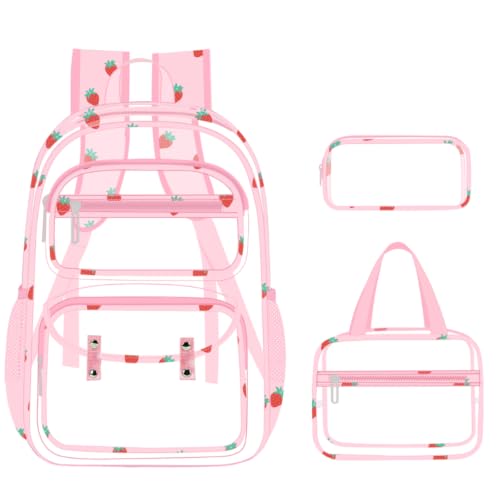 ACESAK Clear Backpack for Girls - 3 Pcs Clear Backpack Heavy Duty with Lunch Bag - See Through Bookbag Stadium Approved for Kids Middle High College School(Pink Strawberry) - color: Pink Strawberry