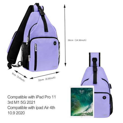 MOSISO Sling Backpack Bag, Crossbody Shoulder Bag Travel Hiking Daypack Chest Bag with Front Square Pocket&USB Charging Port - color: Lilac