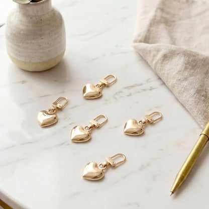 10 Pcs Heart Shaped Zipper Pull Replacement Gold Heart Zipper Pull Charm Metal Backpack Zippers Mend Fixer Repair Padlock Bag Charms for Women Handbag Purse Gift Coats Jackets Pants Luggage Fasteners