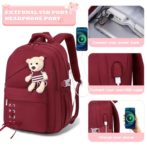 ACESAK School Backpack for Girls - 3 PCS Cute Girls Backpack with Lunch Box & Pencil Case - Kawaii Casual Kids Bookbag School Bag Daypacks Set for Elementary Middle High School Student Teens (Red) - color: Red
