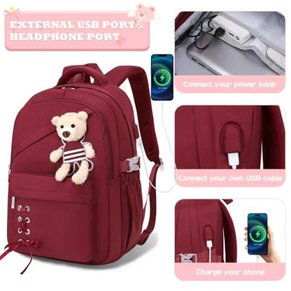 ACESAK School Backpack for Girls - 3 PCS Cute Girls Backpack with Lunch Box & Pencil Case - Kawaii Casual Kids Bookbag School Bag Daypacks Set for Elementary Middle High School Student Teens (Red) - color: Red