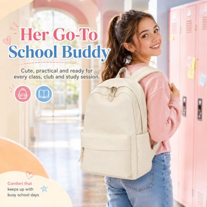 LOIDOU Girls Backpack for Kids Cute School Bookbag - color: Pure Beige, size: L-17"