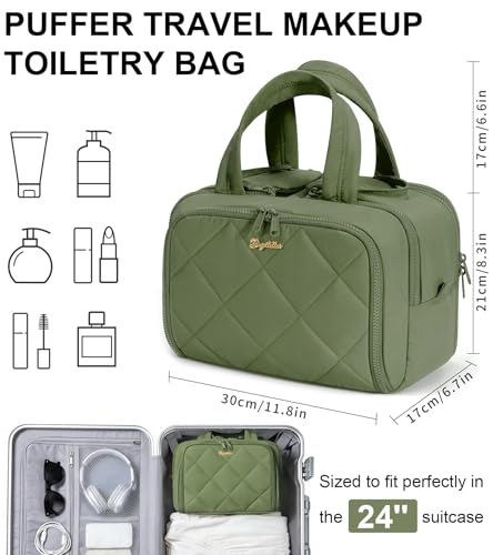 Travel Toiletry Bag, Large Wide-open Puffy Makeup Bag for Women Army Green - color: Army Green